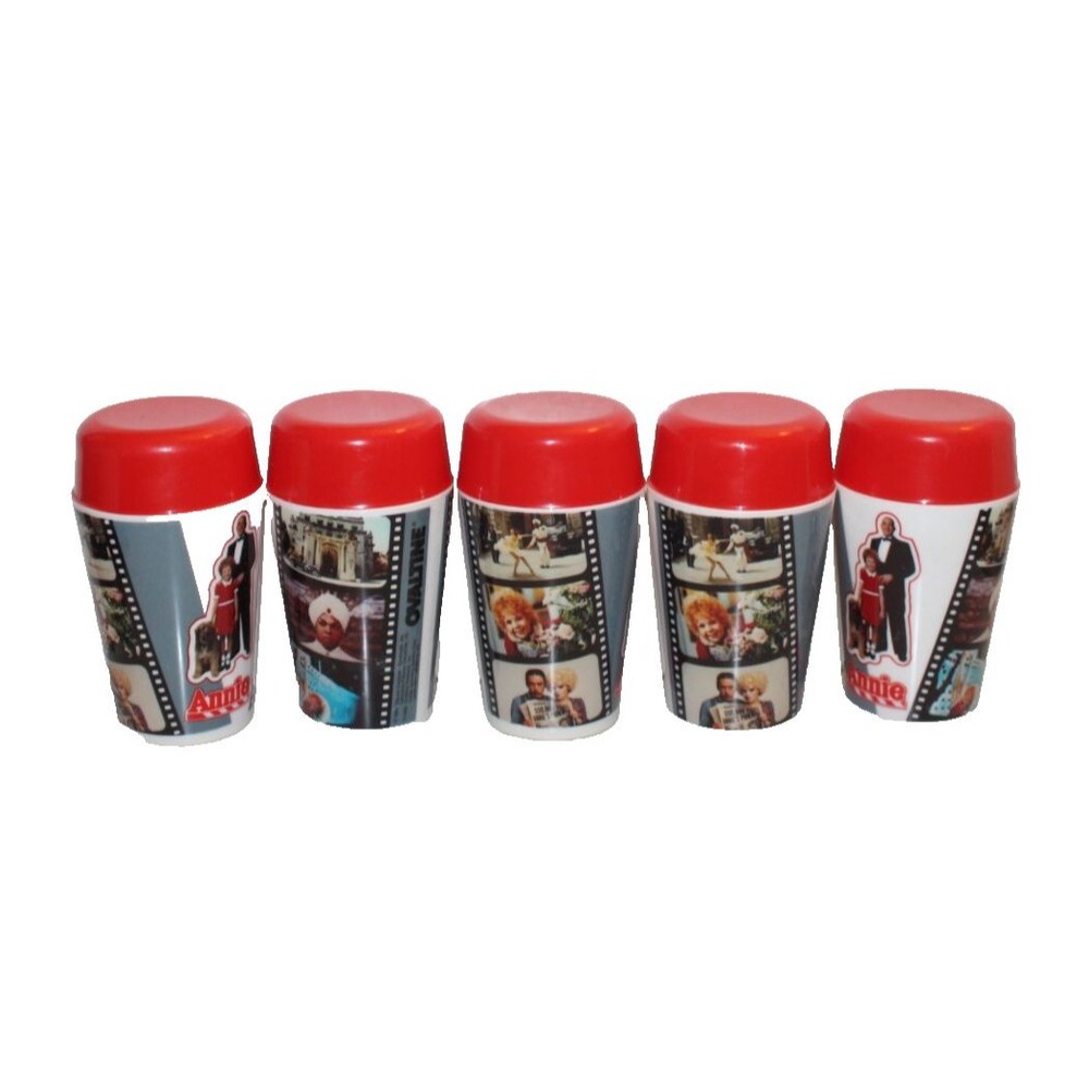 Vintage 1982 Little Orphan Annie Ovaltine Plastic Shaker Cup with Red Lid Set 5